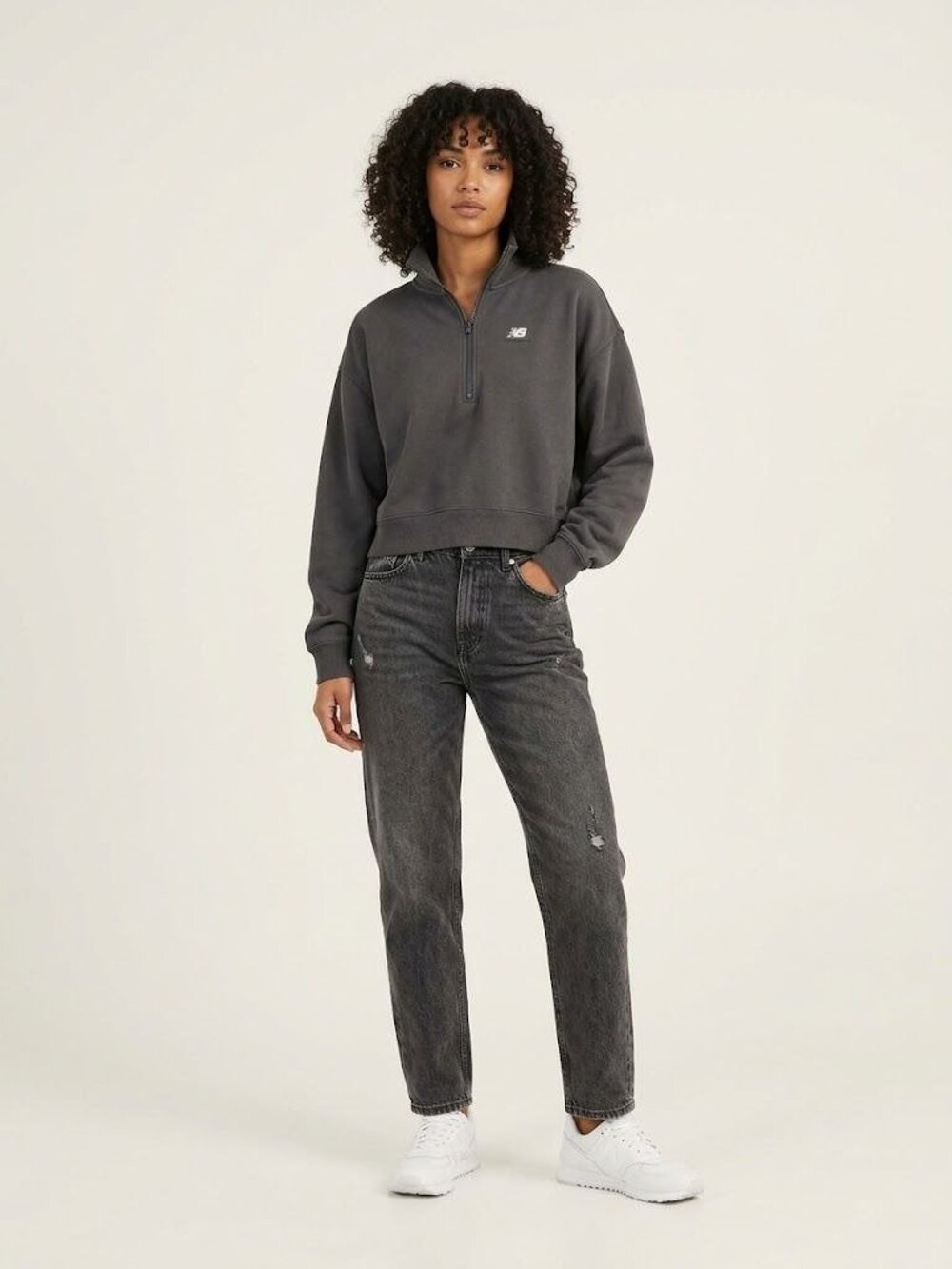 New Balance Womens XL Gray Cropped 1/4 Zip Sweatshirt Pullover Logo Cotton